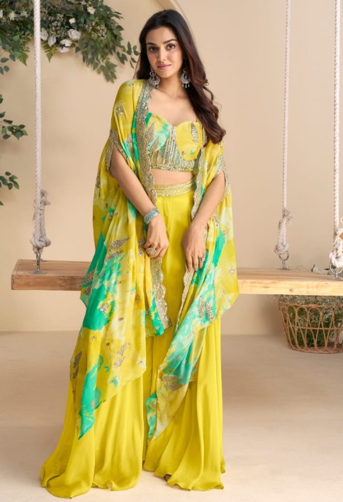 Yellow blue Sharara Set with Embroidered Blouse & Printed Shrug